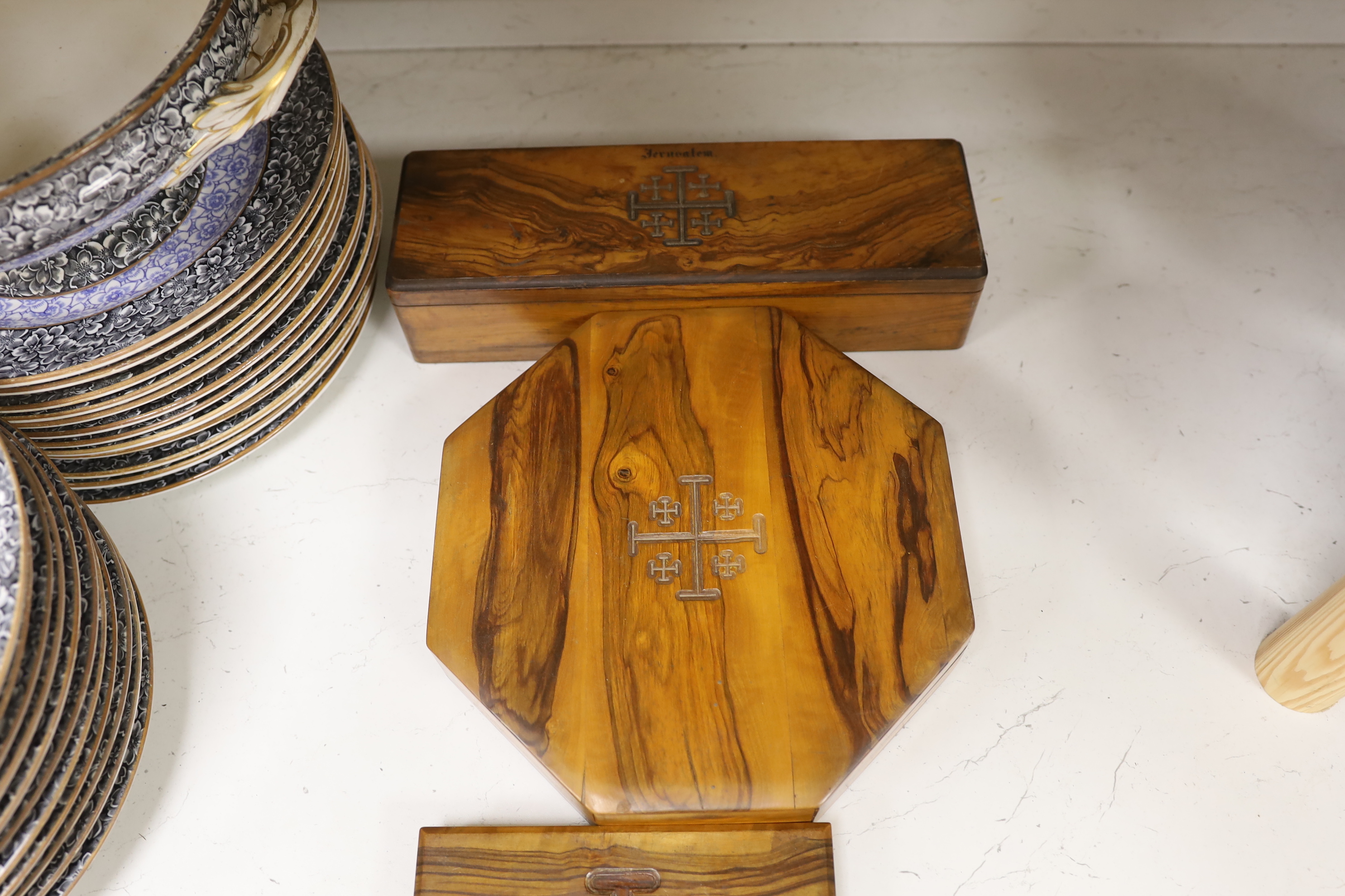 A collection of Jerusalem ware olive wood boxes, two albums, two books, etc.